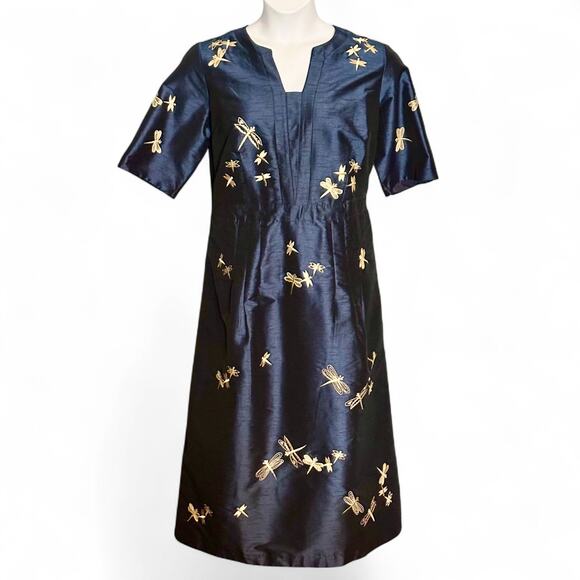 eShakti Dragonfly Embroidered Midi Dress 1X Blue Gold Silk Look Pleated Pockets - Picture 1 of 12